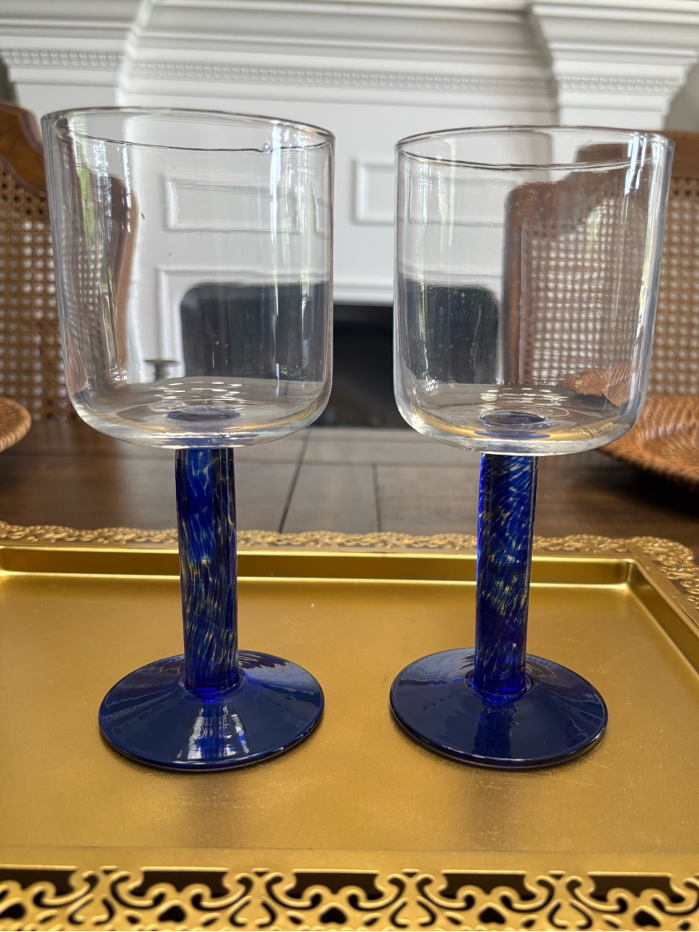Two vintage wine glasses with Colbolt blue design stems 7 inches tall